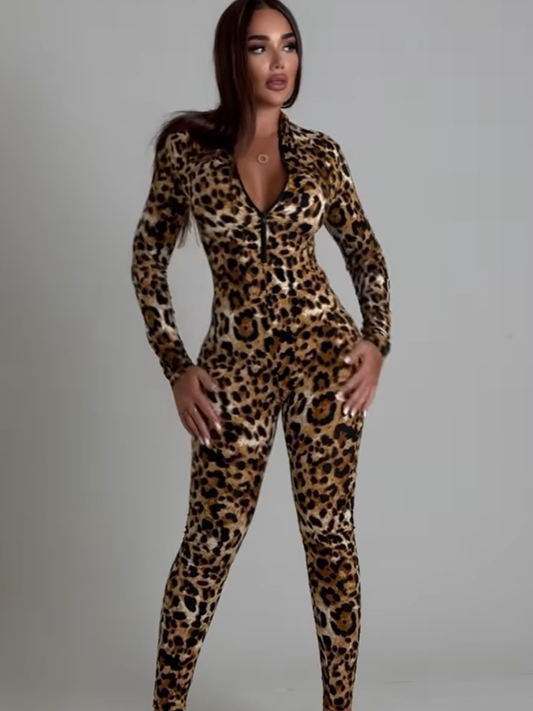 ZASUWA Female Fashion Leopard Print Zipper Jumpsuit