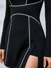 Black Long-Sleeve Half-Zip Contrast Stitch Tennis Dress with Built-In Shorts