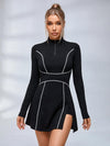 Black Long-Sleeve Half-Zip Contrast Stitch Tennis Dress with Built-In Shorts