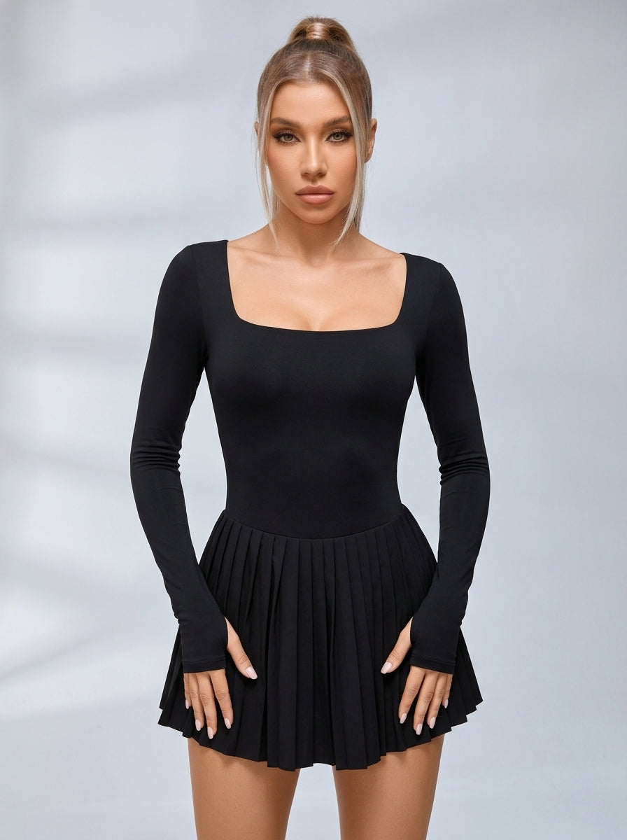 Long-Sleeve Square-Neck Tennis Dress