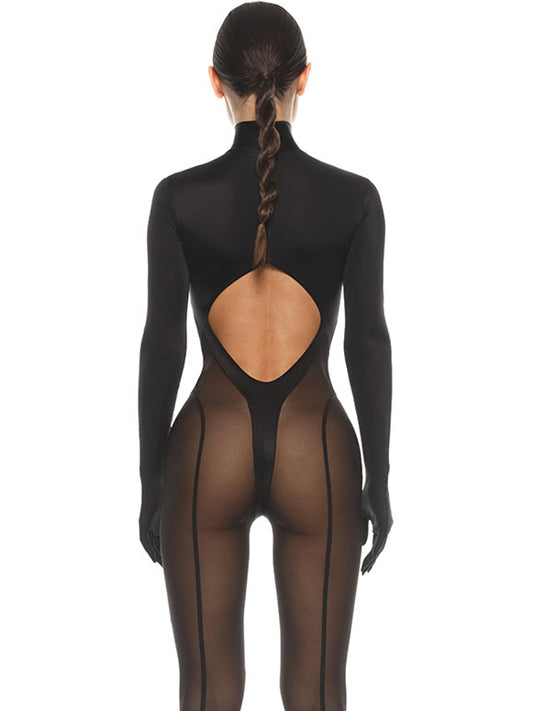 ❤ZASUWA Female Unique Cutout Super Mesh Zipper Booty Jumpsuit