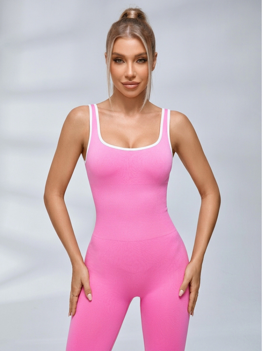 Contrast Color Backless Ribbed Jumpsuit