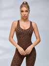 Sexy Leopard Print Hollow Out Cross Back Deep V Back Jumpsuit