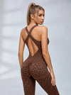 Sexy Leopard Print Hollow Out Cross Back Deep V Back Jumpsuit