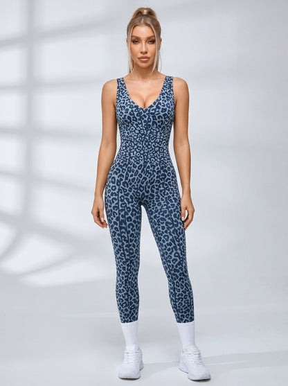 Sexy Leopard Print Cross Back Deep V Back Jumpsuit