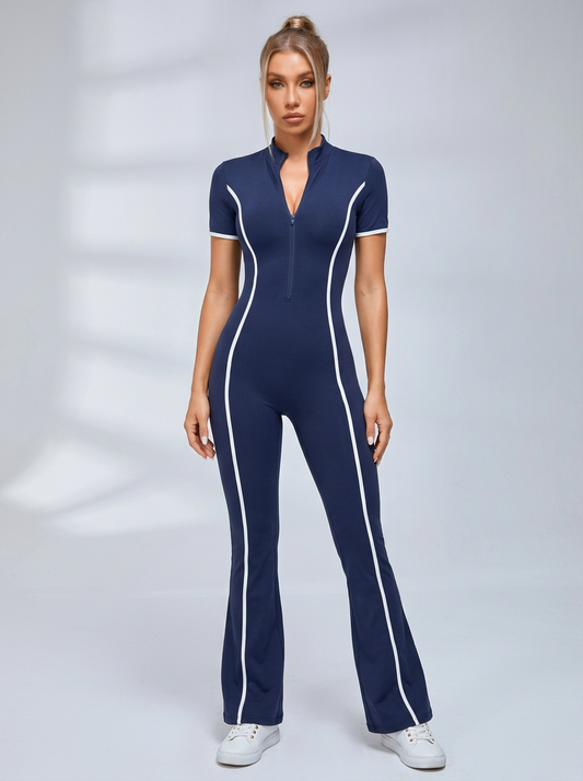 Contrast Color Stripes Zipper Jumpsuit