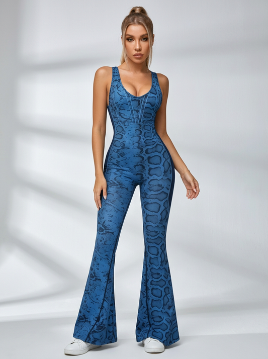 Snake-Print Cross-Back Cutout Flared Jumpsuit