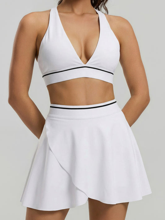 Sleek White Contrast Stripe Sports Bra & Flared Wrap Skort Active Set