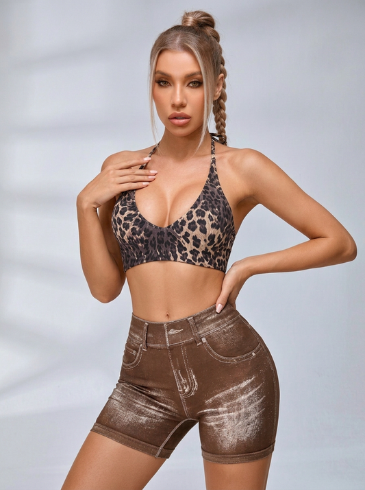 Leopard Print Faux Denim Halter With Chest Pads Short Tracksuit