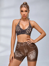 Leopard Print Faux Denim Halter With Chest Pads Short Tracksuit