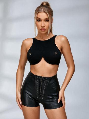 Cutout Crop Top & Lace-Up Faux Leather Shorts Set