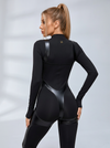 Faux Leather Zipper Stand Collar Push Up Jumpsuit