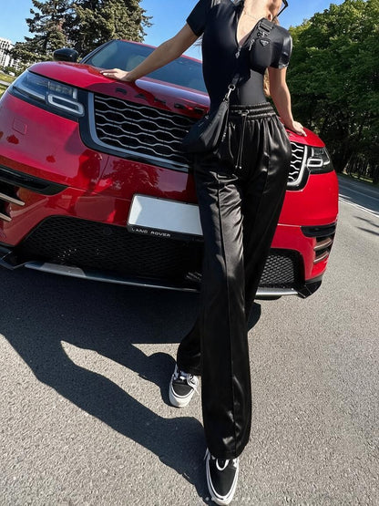 Shiny Satin Wide Leg Drawstring Pants