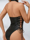 PU Faux Leather Lace-up Bodysuit