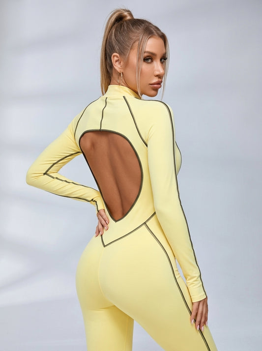 Sexy Backless Zipper Contrast Color Stripes Jumpsuit