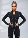 Sexy Backless Zipper Contrast Color Stripes Jumpsuit