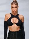 Cutout Long Sleeves & Faux Leather Shorts Set