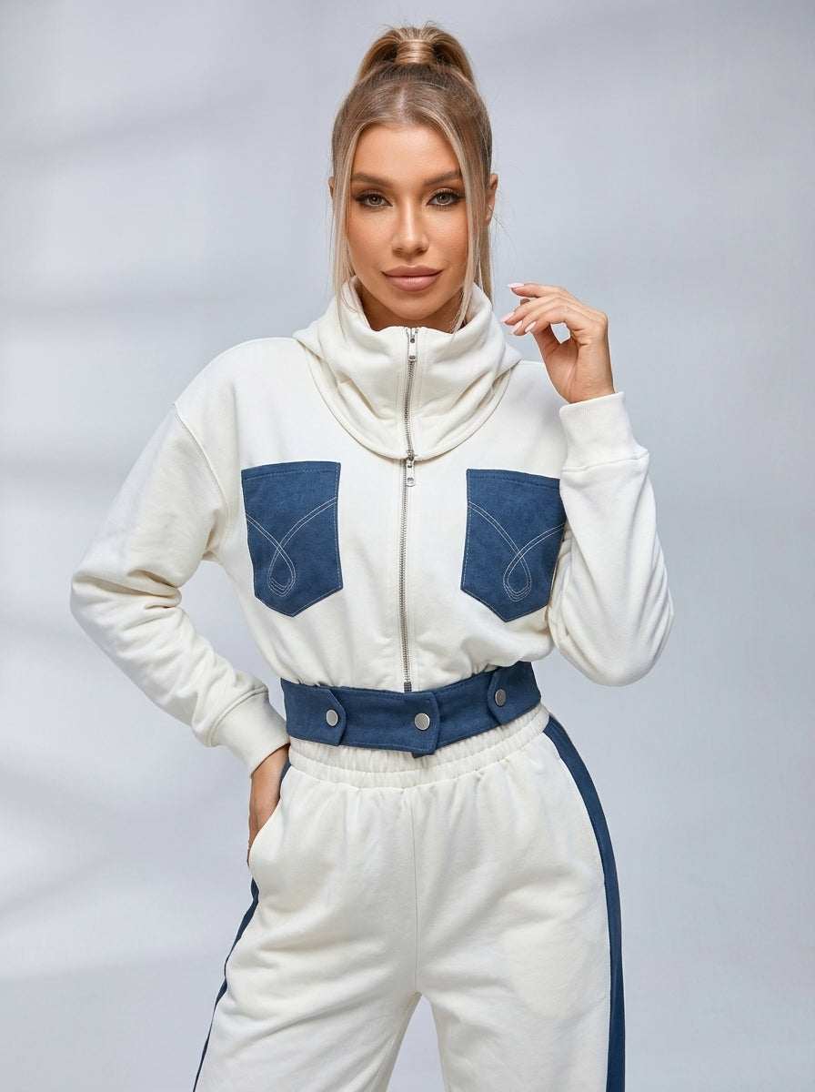 Sexy Denim Contrast Color Pocket Casual Tracksuit