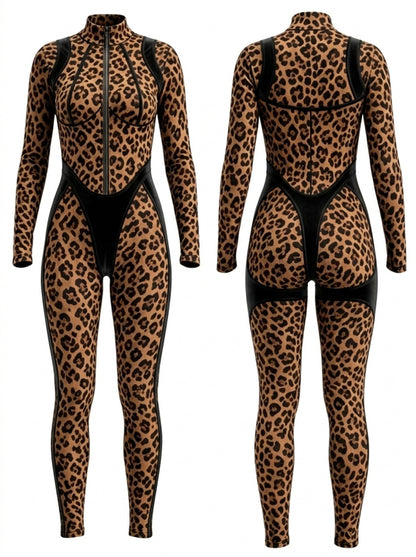 Faux Leather Zipper Stand Collar Push Up Jumpsuit