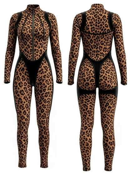 Faux Leather Zipper Stand Collar Push Up Jumpsuit