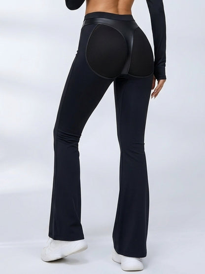 Women's Black Faux Leather Panel Flare Leggings