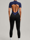 ZASUWA Female Contrast Color Backless Stitch Zipper Jumpsuit