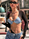 ZASUWA Female Sheer Mesh Denim Backless Long Sleeves