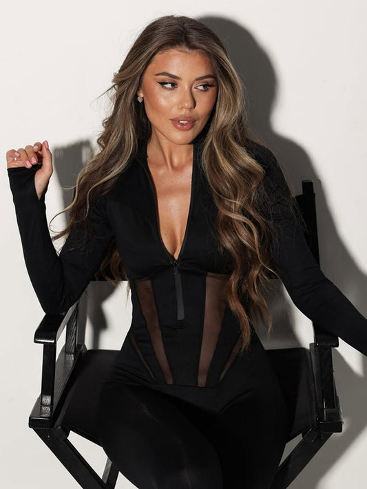 🖤ZASUWA Female Mesh Tummy Control Zipper Jumpsuit