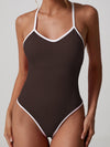 ZASUWA Female V Collar Cross Back Contrast Color Stripes Bodysuit