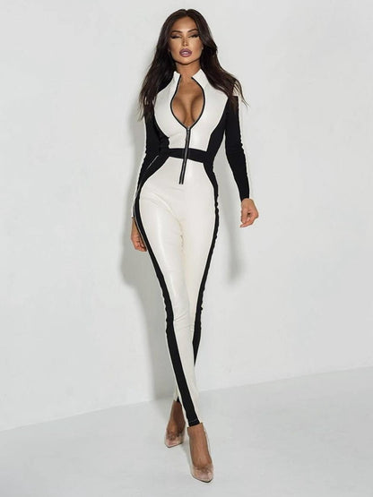 "SciFi Heroine" Contrast Color PU Half Zipper Jumpsuit