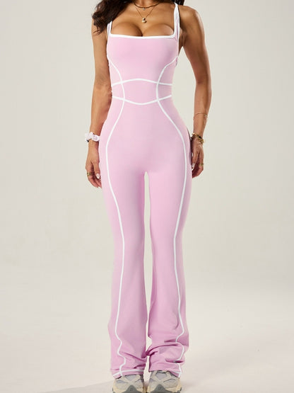 Sexy Contrast Color Stripes Cross Back Flare Jumpsuit