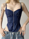 ZASUWA Female Sexy Denim Zipper Push Elastic Tight Bodysuit