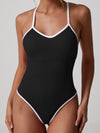 ZASUWA Female V Collar Cross Back Contrast Color Stripes Bodysuit
