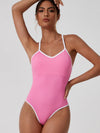 ZASUWA Female V Collar Cross Back Contrast Color Stripes Bodysuit