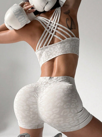 ZASUWA Female Leopard Print Cross Back Short Tracksuit