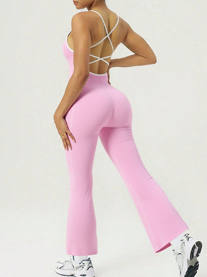 Sexy Contrast Color Stripes Cross Back Flare Jumpsuit