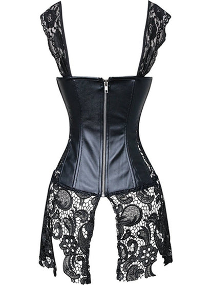Lace PU Faux Leather Zipper Roman Knot Corset Shapewear