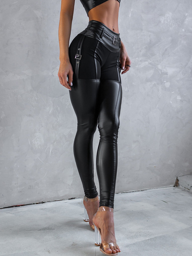 ❤PU Glossy Cross Twist Metal Buttons Hip-lift Leggings