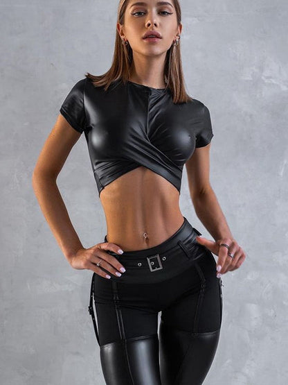 ❤PU Glossy Cross Twist Metal Buttons Hip-lift Leggings