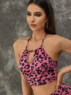 ZASUWA Female Leopard Print Hollow Out Halter Scrunch Bum Short Tracksuit