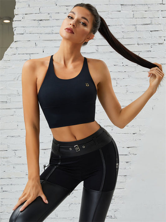 ZASUWA Female Hollow Out Cross Back PU Glossy Metal Buttons Hip-lift Sportswear