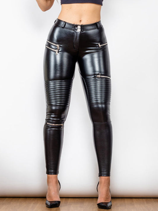 ZASUWA Female Glossy Zipper Pocket Folds Hip-lift Leggings